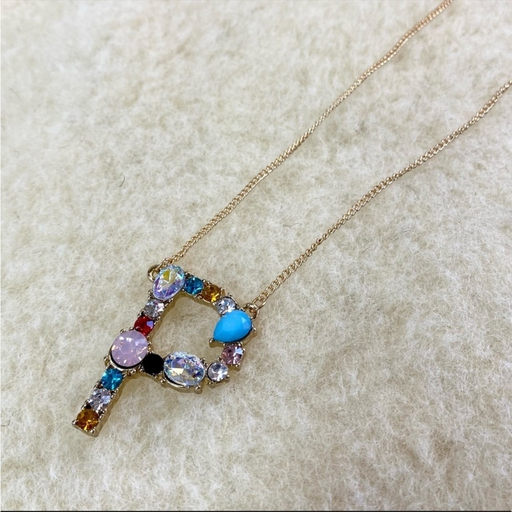 Gold Initial Letter Necklace Crystal Rainbow Rhinestone P